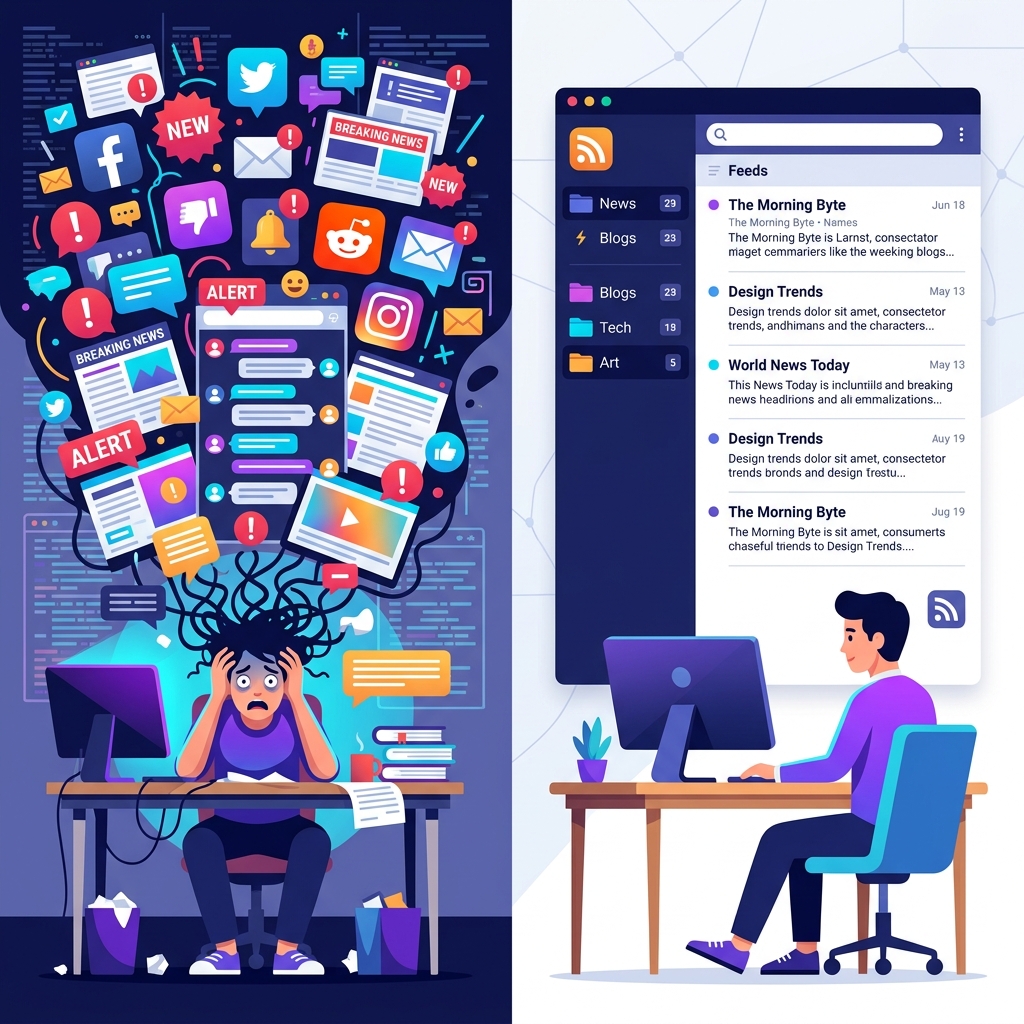 So sánh sự hỗn loạn thông tin từ mạng xã hội với sự ngăn nắp, chủ động của luồng tin RSS