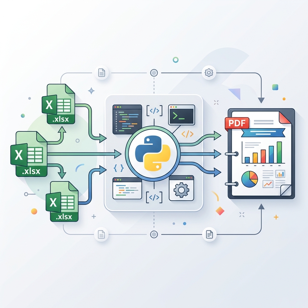 Sơ đồ luồng xử lý dữ liệu tự động hóa kết hợp Python, Excel và VBA để tạo báo cáo nhanh chóng