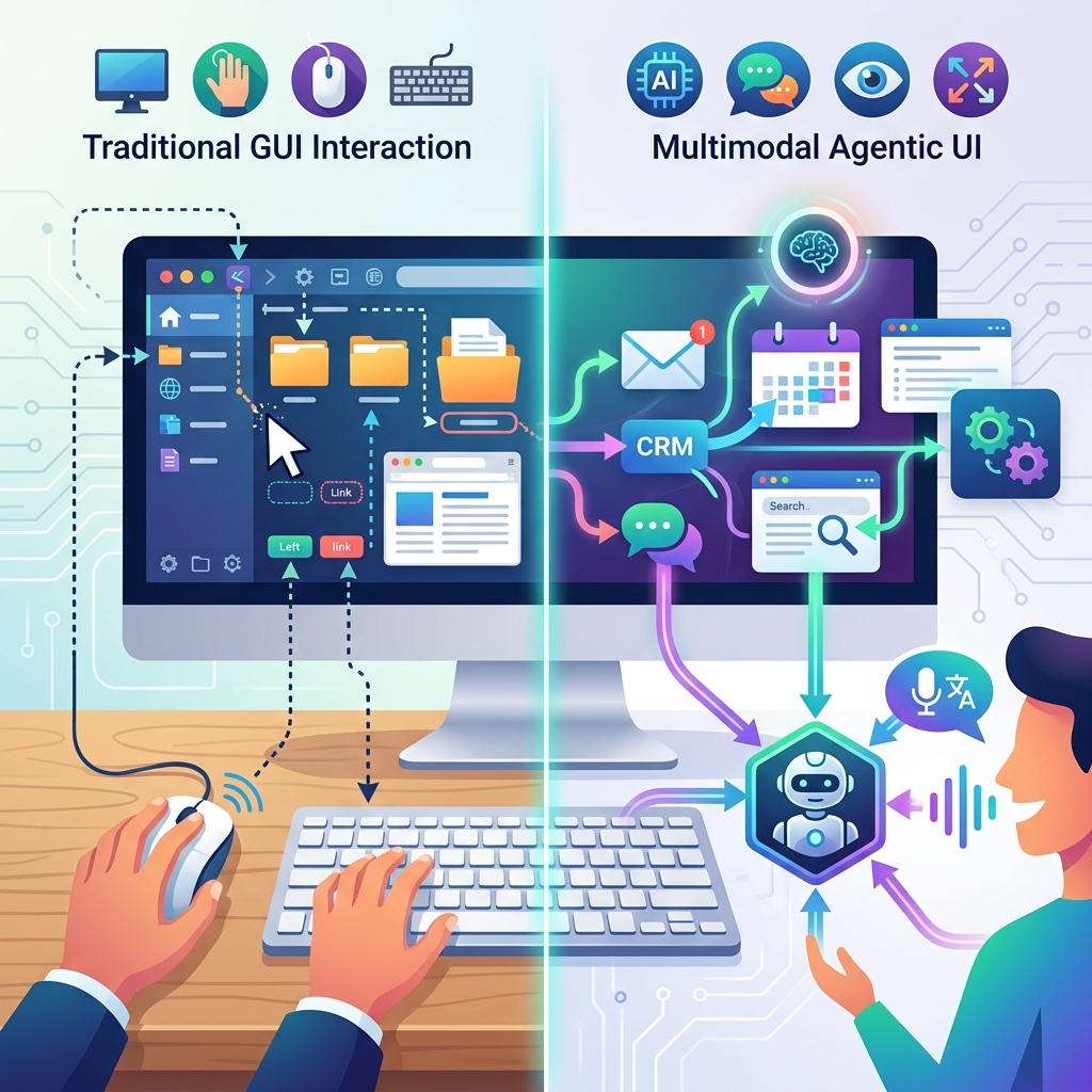 Sự đối lập giữa tương tác GUI truyền thống dùng chuột bàn phím và Multimodal Agentic UI