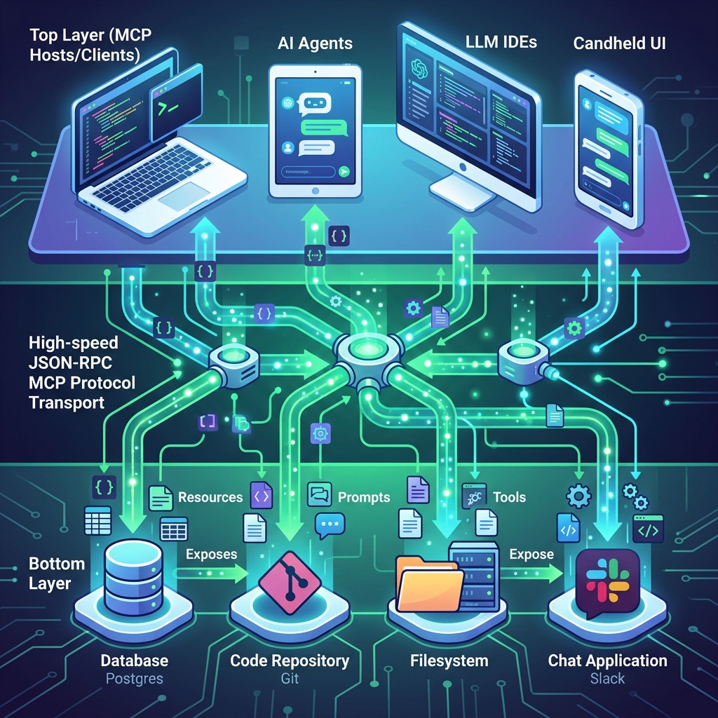 Kiến trúc kỹ thuật ba tầng của Model Context Protocol gồm Host, Client và các MCP Servers