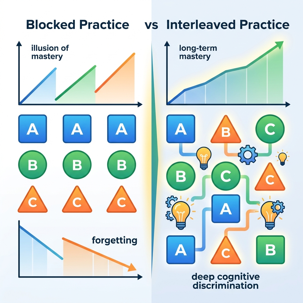 So sánh trực quan giữa mô hình học dồn tuần tự Blocked Practice và học đan xen Interleaved Practice