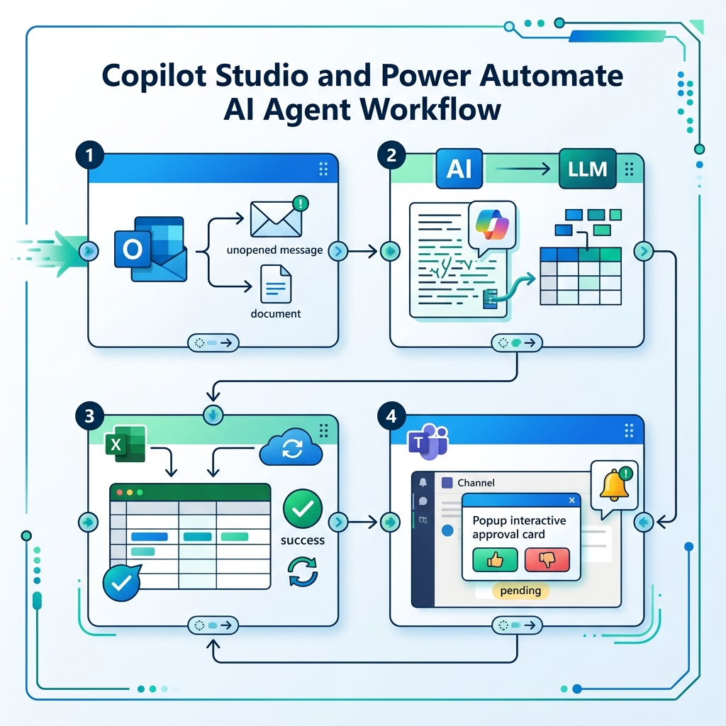 Sơ đồ luồng tác vụ tự động hóa kéo thả trong Microsoft Copilot Studio kết nối Outlook, Excel và Teams